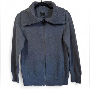 Ann Taylor Full Zip Sweater With Fold Collar 100% Cotton Charcoal Grey Size XL